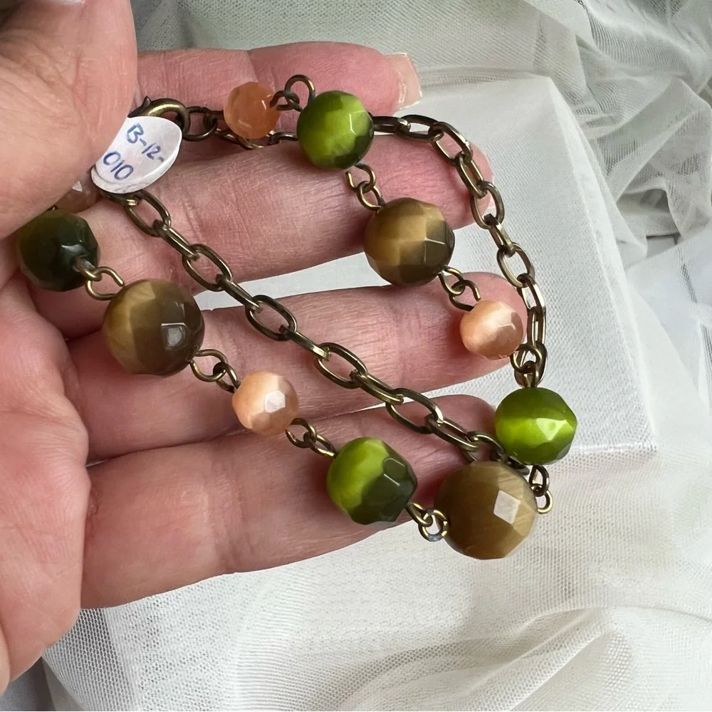 Genuine Gemstone Cat’s Eye Brass Chain Bracelet - Handmade NWT